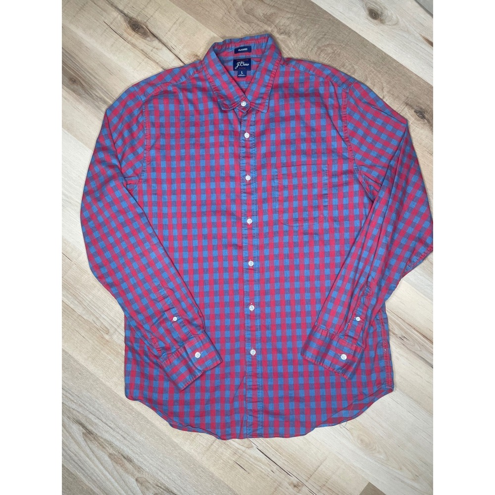J.Crew Performance Stretch Gingham Shirt Mens‎ Large Classic Fit Red Blue Check